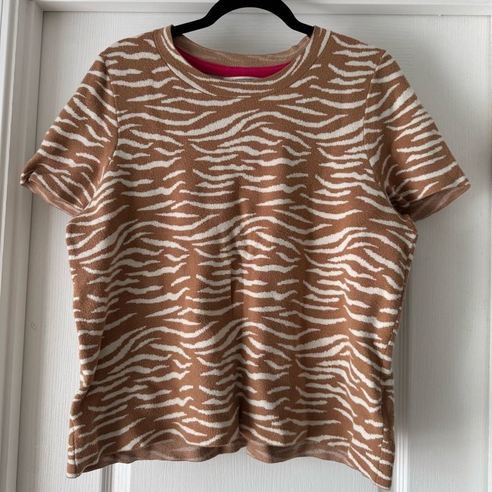 Anthropologie Zebra Knit Short-Sleeve Sweater Top – XL – Neutral Tan & Cream